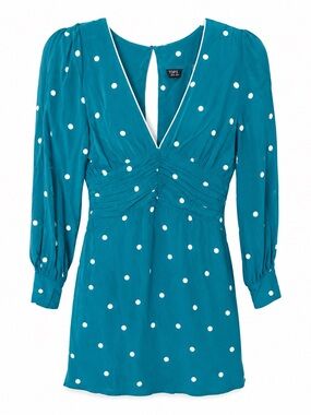 Topshop Teal Polka Dot Long-Sleeve Mini Dress